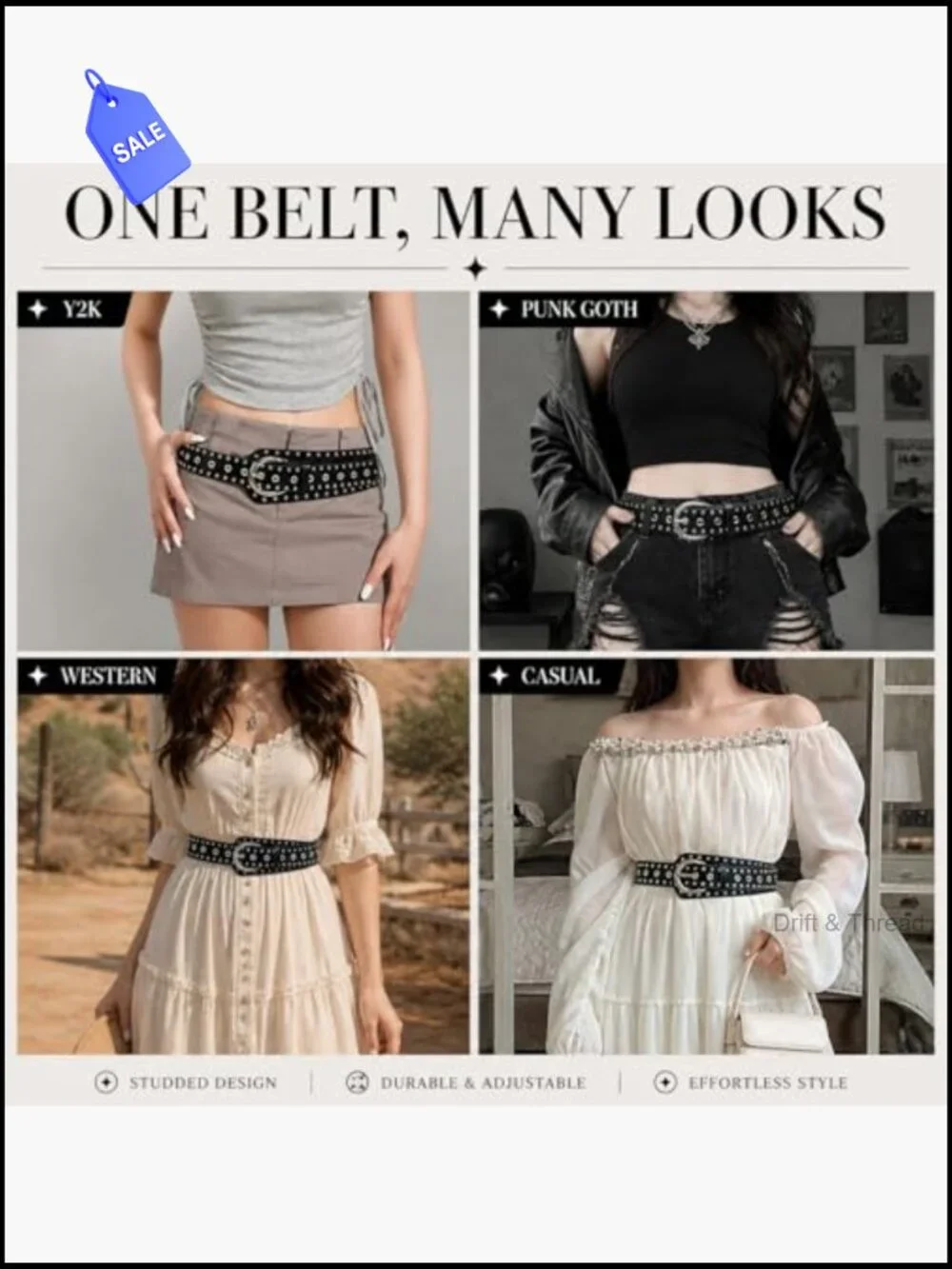 Y2K Studded Belt Chunky Punk Goth Emo Belt for Jeans
